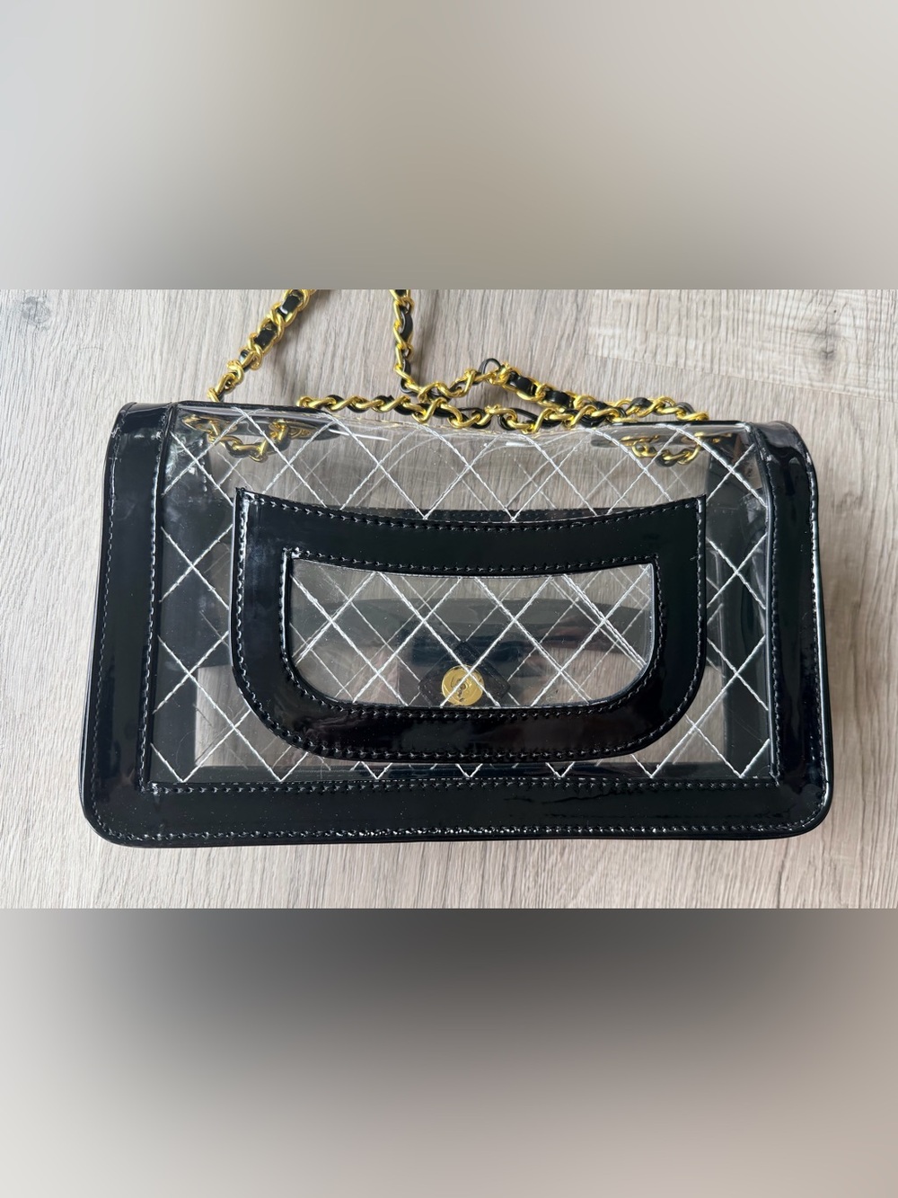 FULL SET Brand NEW Chanel Transparent Bag w Black Patent Leather & Gold Hardware - Picture 3 of 11